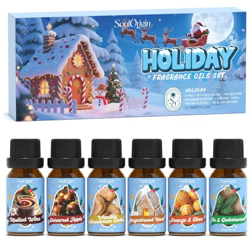 SoulOrigin Holiday Essential Oils Set, Fragrance Oil Set for Oil Diffusers, Scented Oils for Soap Candle Making 6x10ml - Vanilla Cinnamon Cookie, Orange & Clove, Gingerbread House, and Fir & Cedarwood