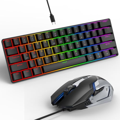 Nsyee Trådbundet mekaniskt tangentbord och mus set, 61 tangenter speltangentbord med mus, 60 % kompakt RGB-bakgrundsbelyst USB C-speltangentbord för PC, Windows, Mac, spelare, svart