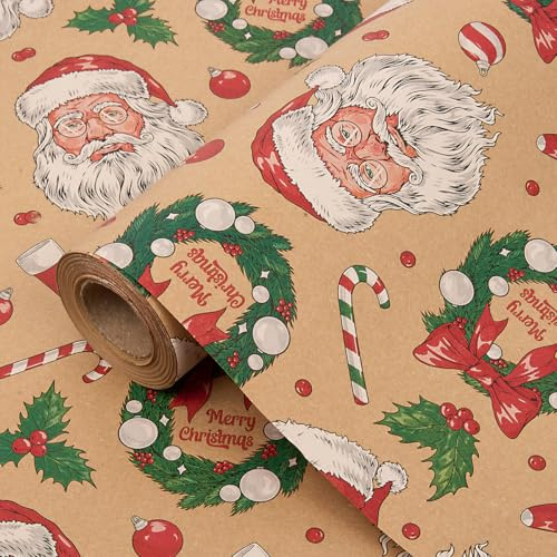 Rouleau de 15 m de papier cadeau pour Noël, 43 cm de papier cadeau Kraft recyclable imprimé avec le Père Noël pour la décoration de cadeaux de Noël et d'anniversaire