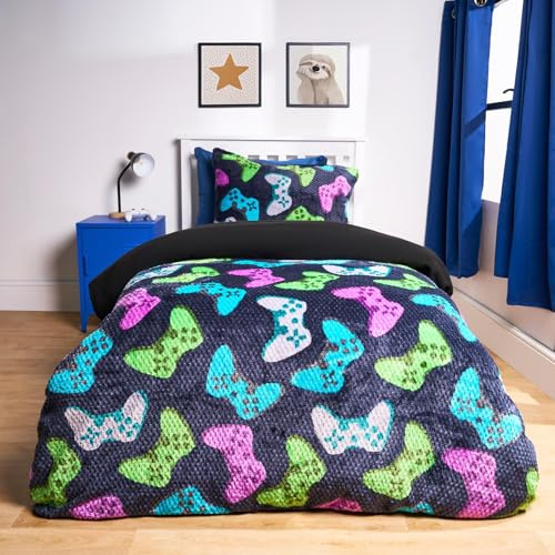 OHS Single Fleece Duvet Cover Set, Winter Gaming Bedding for Boys Girls Waffle Fleece Duvet Set Super Soft Cosy Warm Sherpa Reversible Kids Duvet Cover Single with Pillowcase, Navy
