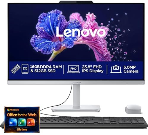Lenovo Ordinateur de bureau tout-en-un FHD 24 pouces avec Office 365 à vie pour le Web • 32 Go de RAM • SSD 1 To • Intel 4 cœurs • Clavier et souris filaires • Windows 11 Pro