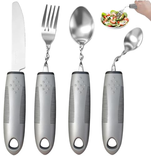 ZIJANG 4 Piezas Cubiertos Adaptados Mangos Gruesos | Utensilios Ergonómicos con Cuchillo, Tenedor y Cuchara, Facilitan El Agarre Diario