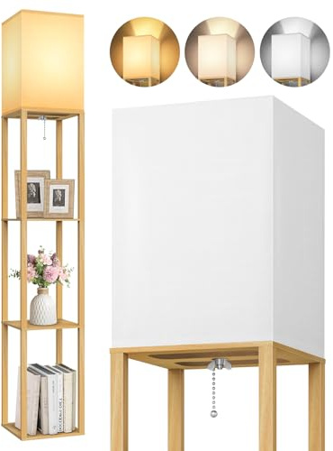 OUTON Lámpara de pie de madera con estantería, 158 cm, 3 baldas, 3 temperaturas de color, incluye bombilla LED E27 de 9 W, pantalla de tela para salón, dormitorio, despacho y pasillo