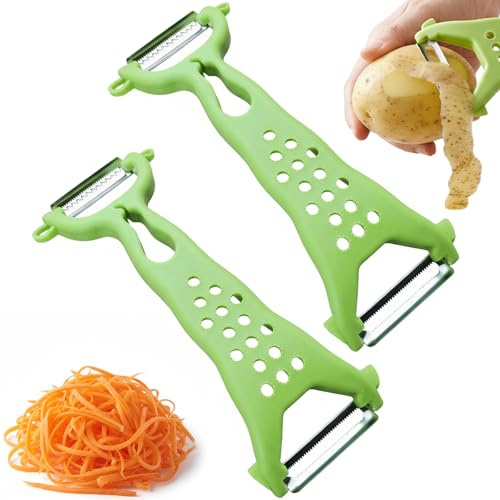 2 Piezas Pelador de Verduras 2 en 1 Acero Inoxidable Multifuncional Cortador Juliana con Mango Ergonómico Antideslizante Utensilio Manual para Patatas Frutas y Verduras