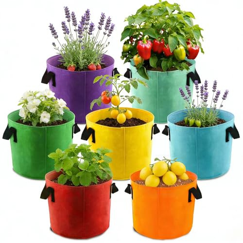 10 Gallon Plant Grow Bags, 7 Pack Fabric Grow Bags, 7 Colors Potato grow bags with Handles, Nonwoven Vegetable grow bag for Vegetable Flowers Herbs Tomato Carrot Cucumbers Strawberry (Multicolor)