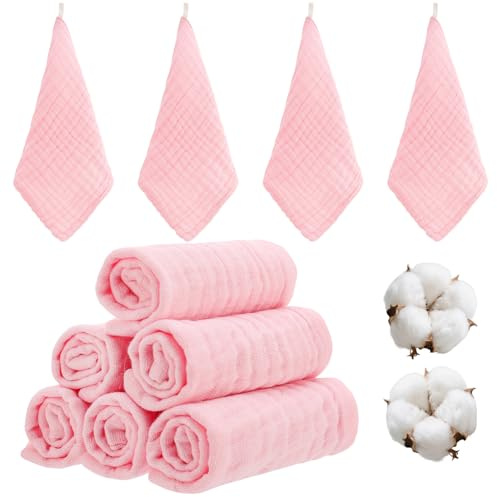 dusaniyali 10 Stück Baby Mulltücher, 25x25cm Baumwolle Waschlappen Rosa | Weiche Spucktücher, Multifunktionale Waschtücher, Windeln & Handtücher für Neugeborene Erstausstattung für Babypflege