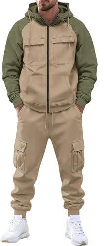 Generico Tuta Cargo da Uomo 2 Pezzi Impermeabile Tuta con Cappuccio E Zip in Due Pezzi Giacca E Pantaloni da Lavoro Confortevole Set Sportiva per Jogging Fitness Casa Attività All'Aperto
