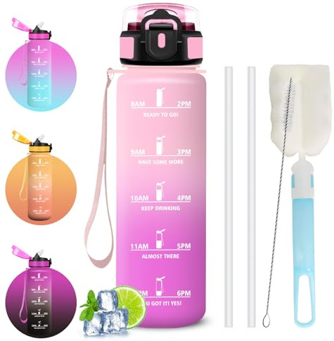 Gourde Sport 1 litre, Gourdes avec Paille, Verrou de Sécurité, Gourde Graduée pour 1 Journee, avec Marqueur de Temps, Brosses pour Paille et Bouteille, Anti Fuite Bouteille pour Voyages, Cyclisme