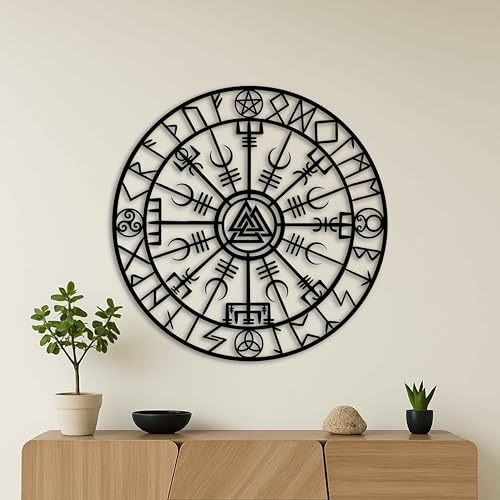KAWA METALWORKS Wikinger-Kompass aus Metall, Wandkunst, Vegvisir, nordische Wandskulptur, nordischer Runenkompass, skandinavischer Akzent, Einweihungsgeschenk für Wohnzimmer, Schlafzimmer, Büro