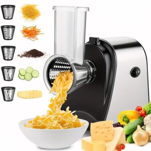 Nictemaw Elektrischer Gemüsehobel 250W mit 5 Trommeln, Edelstahl | 5 IN 1 Schnitzelwerk Küchenreibe für Käse, Kartoffeln & Gemüse. BPA-frei & spülmaschinenfest