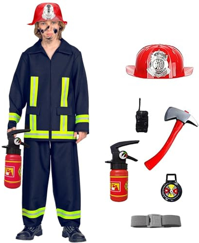 Ensemble de Jeu de rôle de Pompier pour Enfants, 3 pièces en Tissu résistant ignifugé, avec Casque et Hache factice, idéal pour Jeux éducatifs à l'école ou à la Maison, Taille 3-6 Ans (Navy, 3-4
