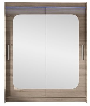 Mirjan24 Schwebetürenschrank Westa XII mit Spiegel, Breite: 150cm, Kleiderschrank mit Kleiderstange, Einlegeboden Modern Design Garderobenschrank (Trüffel + Spiegel, mit RGB LED Beleuchtung)