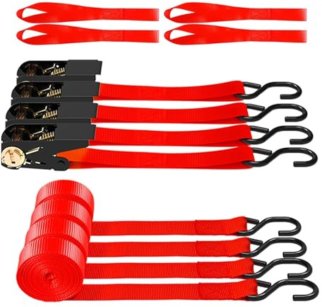 AWELCRAFT Ratchet Straps 4 Pack,1 Inch x 15 Feet Tie Down Ratcheting Strap,1500lb Breaking Strength with S-Hook,4X Soft Loops for Moving Appliances,Lawn Equipment,Truck,Motorcycle(Red)