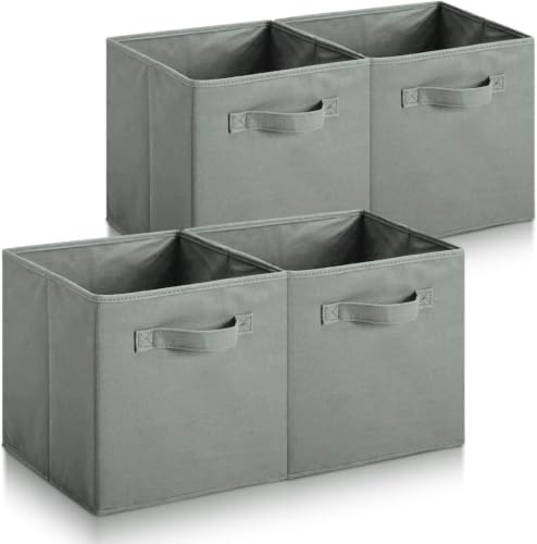 Collapsible Fabric Storage Cubes, Pack of 4 Foldable Boxes with Handles | Gray 27 x 27 x 27 cm | Non-Woven Fabric | Open-Top Cube Shelf Baskets For Wardrobes, Toys, Clothes & Nursery