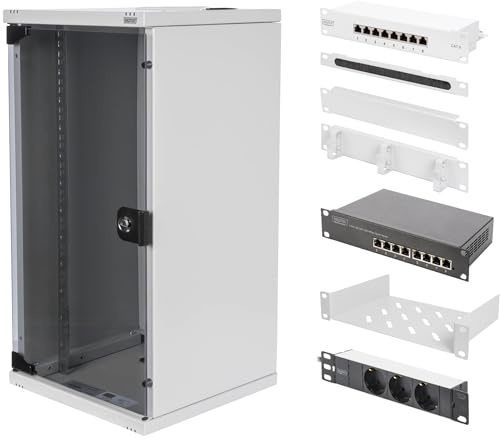 DIGITUS Juego de 10 pulg - Armario de Red 12 U Soho Gris - Estante - Regleta de enchufes - Panel de Conexiones 8 Puertos - Conmutador gigabit 8 Puertos - 10 Cables de Red Cat 6 - Gestión de Cables