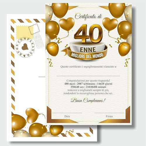 GHIBLI Certificato 40enne Migliore del Mondo, Elegante Diploma A4 Personalizzabile 40° Compleanno, Busta con Grafica Abbinata, Grande Biglietto Auguri Originale Uomo Donna, Attestato Ricordo 40 Anni