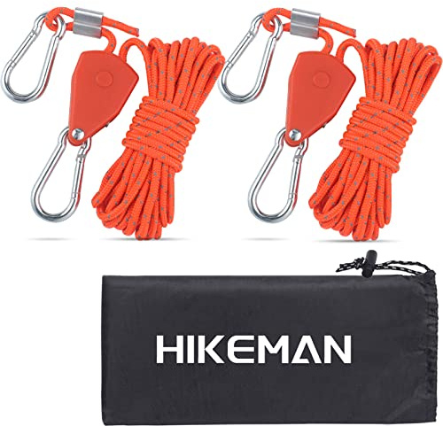 HIKEMAN Tent Guy Ropes with pulley - 4mm Reflective Cord Tent Guide Rope with Aluminum Adjuster for Outdoor Camping Hiking Awning Tents (Orange)
