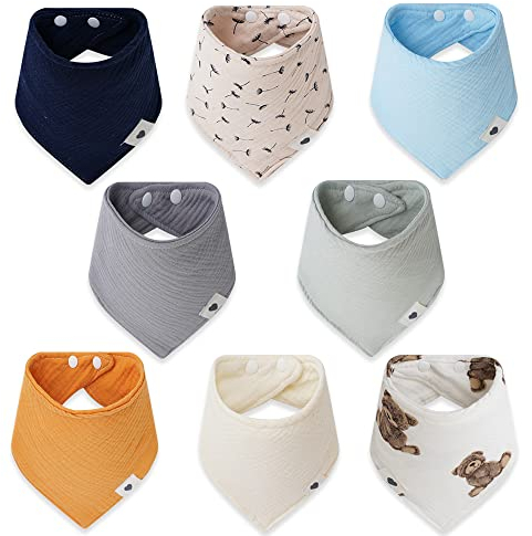 norinori Baby Dreieckstuch Lätzchen 8 Stück Sabberlätzchen 100% Weiche & Absorbierende Baumwolle Doppelseitiges nutzungsdesign mit 2 Verstellbares Druckknopf Musselin Halstuch für Sabbern und Zahnen