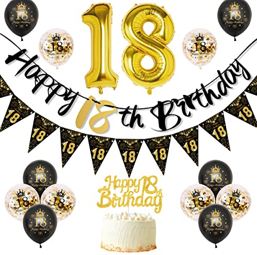 VICTERR 18th Birthday Decoration, 18 Party Decoration Black Gold Balloons Birthday, Women Men Happy Banner Triangle Balloon for Woman Cake Topper (XM-B-HEIJIN18SUI)