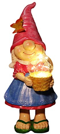 Junerain Solar Garden Elfo Gnomo Statua Ornamento Resina Femmina Elfo con Vaso Statua con Luce Regali di Natale for Pathway Patio