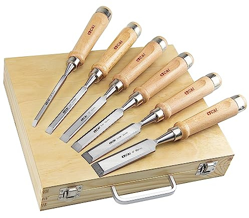 C&T 8 Pieces Premium Wood Chisel Set with Wooden Case, 6 Pieces Wood Chisel with 2 Sharpening Stone,Woodworking Carving Chisel Kit, Chrome Vanadium Steel Chisel