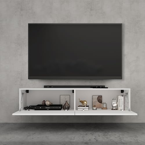 doporro TV Lowboard Schrank mit Gasdruckfedern Fernsehschrank hängend | TV Board mit Klapptür, viel Stauraum, Wand Fernsehtisch in Matt Weiß, Breite: 140 cm, Fernsehschrank02