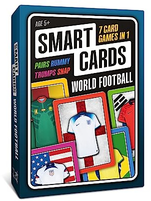 Smart Cards World Football, 7 games in 1, a suitcase of games in your pocket, includes trumps, pairs, snap, rummy, cool stats and top trivia. Gift, Stocking Filler, Travel Game, age 5+, 1-8 players