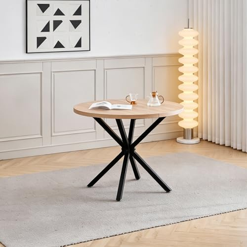 BenyLed Table à Manger Ronde avec Pieds Robustes en Forme de X, 100 x 100 x 76,5 cm pour Cuisine, Petits espaces, Appartement (Grain du Bois Clair)