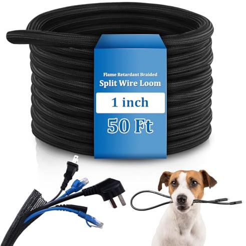 Pangda 50ft Split Wire Loom Tubing Flame Retardant Braided Cable Sleeve Split High Temperature Cable Conduit Auto Wire Conduit for Industrial Electrical Tinsel Automotive Marine(50 Ft, 1)