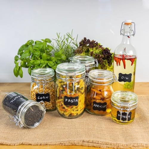 BERARDI SET BARATTOLI x4 CONTENITORI PER ALIMENTI CON COPERCHIO E CHIUSURA A CLIP LT. 2 | per sale zucchero pasta caffè biscotti | BARATTOLI VETRO ERMETICI VINTAGE CON 24 ETICHETTE