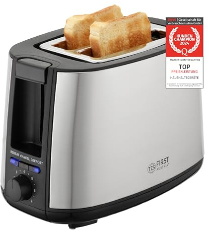 TZS First Austria 2-Scheiben Toaster Ӏ Selbstzentrierfunktion Ӏ 7 Bräunungsstufen Ӏ Auftau- und Aufwärmfunktion Ӏ Brötchenwärmer Ӏ 650-750W