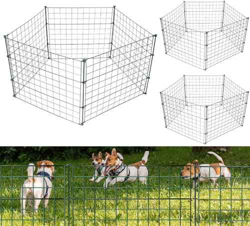 Fiqops Teichzaun Gartenzaun Steckzaun Komplettset Metall 15 Zaunelemente Länge 11,25 m, Inkl 18 Befestigungsstäbe, Hundezaun, Gitterzaun Set für Tierbarriere (Gerade,Grün)
