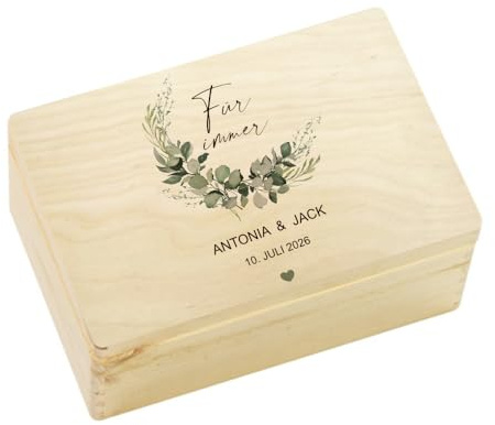 Erinnerungsbox Hochzeit Erinnerungskiste Geschenkbox Wedding Schatztruhe Trauung Hochzeitskiste für Brautpaar Holzkiste Hochzeit mit Gravur personalisiert Hochzeitsgeschenk (Eukalyptuskranz, M)