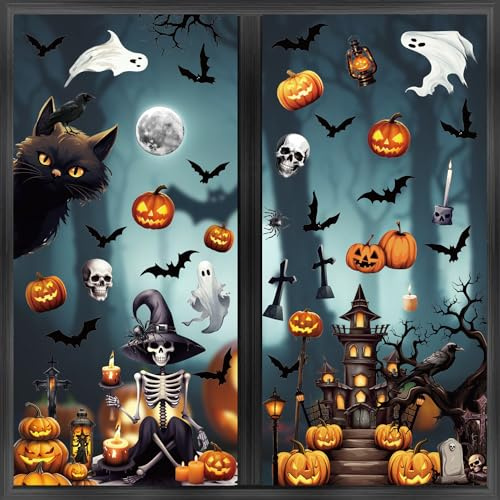 SULOLI Adesivi per Finestre Halloween,8 Fogli Stickers Vetrofanie per Finestre Riutilizzabile,Decorazione Casa Zucca,Scheletro,Pipistrello,Fantasma