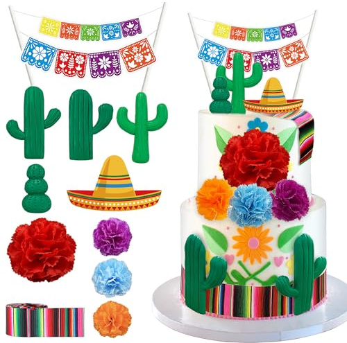 11 PCS Mexican Fiesta Cake Topper Mexican Picado Banner Cactus Mexican Serape Ribbon and Flower Cake Decor for Mexican Themed Party Decorations