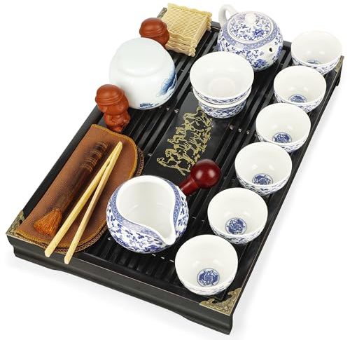 fanquare Weißes und blaues Gongfu Teeservice 20teilig Lotusblume Chinesisches Porzellan Teekanne, Teetassen und kleine Teegeräte für Erwachsene Geschenke