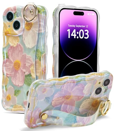 EYZUTAK Case with Hand Strap for iPhone 13, Colorful Oil Painting Flower With Wristband Kickstand Laser Curly Wave Edge Phone Cover Stylish Durable TPU Protective Case for Women - Green
