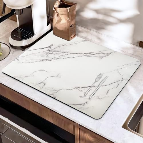 SOQKEEN Dish Drying Mat, Quick Dry Absorbent Draining Mat with Non-Slip Rubber Backed, Self Drying Mat (White Marble, 16x12)