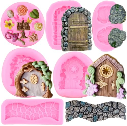 RFGHAC Enchanted Fairy Garden Fairy Gnome Home Door Silicone Chocolate Molds Stone Path Fondant Mold for Cake Decorating Cupcake Topper Candy Polymer Clay Gum Paste Set of 6