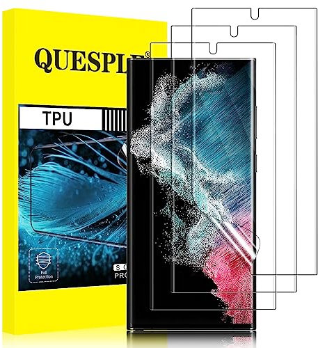 QUESPLE [3 unidades] Protector de pantalla para Samsung Galaxy S22 Ultra 5G TPU, antiarañazos, HD, transparente, sin burbujas, suave, Samsung S22 Ultra pantalla, compatible con identificación de