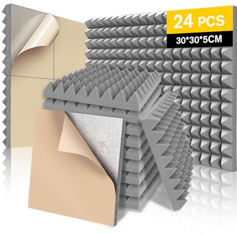 24 Pack Acoustic Foam Panels with Self Adhesive, 12”x12“x2” Soundproofing Panels for Walls, Full Frequency Sound Absorption and Noise Reduction Flame Retardant Wall Stickers for Home, Studio (Gray)