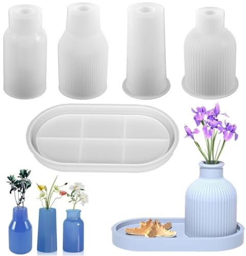 YOYEAH 5 Stück Vase Silikonformen, 4 Vasen und EIN Tablett, Einfache Entformung, Vase Silikonform, Vase Gipsform, Vase Harzform, Epoxidharzform, Geeignet für DIY, Vasenherstellung