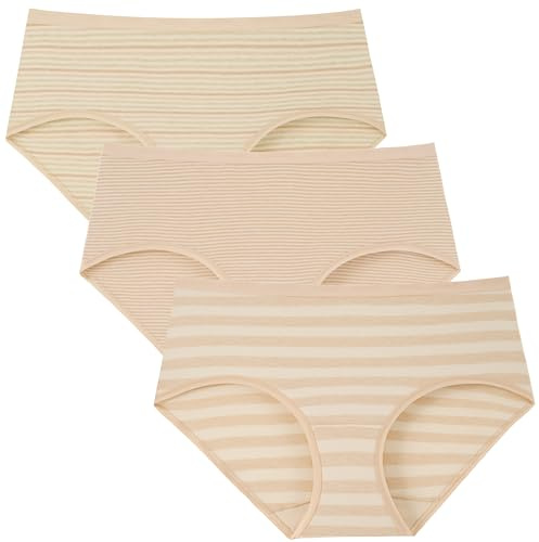 OEIOEI Ropa interior 100% algodón para mujer, color natural, calzoncillos suaves de tiro medio, paquete de 3, Rayas de colores naturales, L