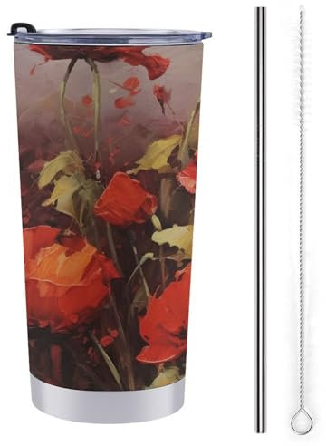 JTKBNVM Ölgemälde rote Blume, isolierte Wasserflasche, Reise-Kaffeetasse, 590 ml, isolierter Kaffeebecher mit Deckel, Edelstahl-Kaffeetasse, Isolierbecher, Reisebecher, Autobecher