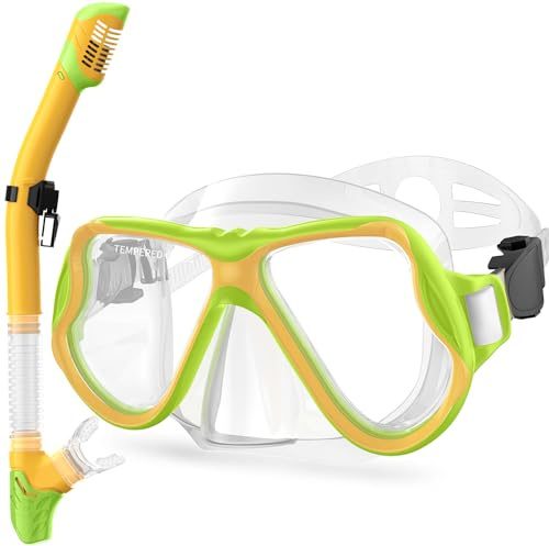 Greatever Snorkeling Gear for Kids, Dry Snorkel Set Panoramic View Snorkel Mask, Anti-Fog Scuba Diving Mask for Kids Youth Age 6-14, Unisex Swimming Goggles (Green Orange)