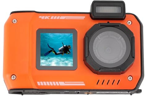 Rankomu Cámara 4K de 48 MP, zoom digital de 16X, enfoque automático, antivibración, 2500 mAh, doble pantalla, resistente al agua, cámara subacuática selfie para deportes al aire libre, naranja