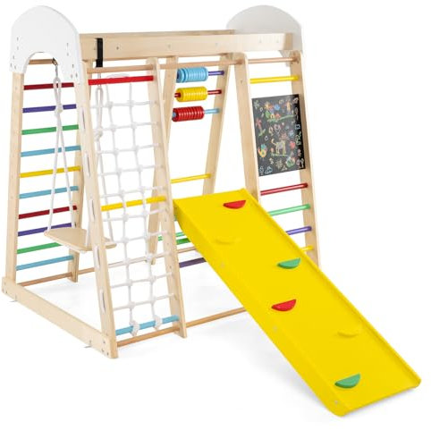 COSTWAY Klettergerüst Indoor, 8 in 1 Kletterdreieck & Kletternetz & Leiter & Rutsche & Schaukel & Kletterfelsen & Abakus & Tafel, Kinder Spielplatz aus Holz, für Kinder ab 3 Jahre (Bunt)