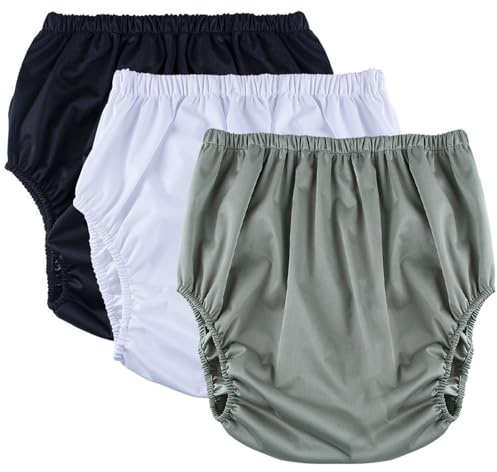 Incontinence Pants for Adult Diaper Cover,Waterproof Leakproof Incontinence Plastic Pants Underwear,Washable Reusable Low Noise Rubber Pants Unisex 3Pcs(Black+White+Grey,Small)