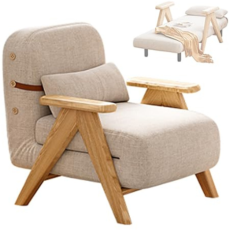 Hopfällbar Bäddsoffa med 5 Positions Justerbart Ryggstöd Bomull och Linne Sofffåtölj med Fötter i Massivt Trä 3 i 1 Fällbar Bäddfåtölj för Vardagsrum, Sovrum(Natural,190 * 80 * 27cm)