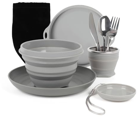 Komplettes Campingbesteck Set für 1 Person, leicht und tragbar, zusammenklappbare Schüssel und Tasse, Teller, Messer, Gabel & Löffel, Geschirrsets für Reisen, Picknick-Essentials